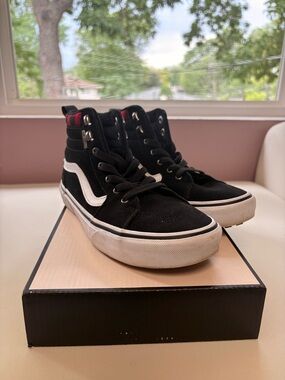 Vans Black and White High-Top Skate Sneakers with Red checker accent